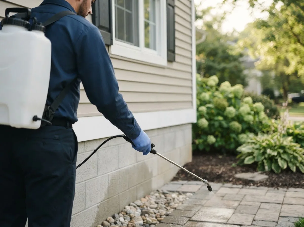 Pest control technician inspecting a home in Ellamore, WV